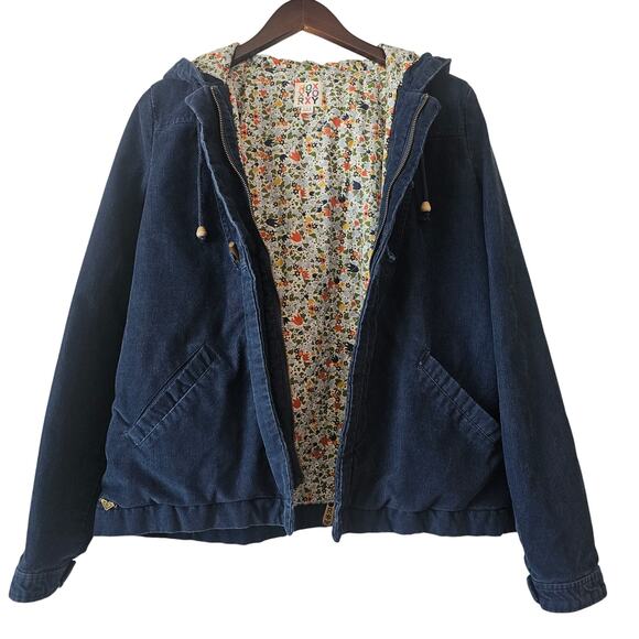 Roxy Navy Corduroy Toggle Jacket Women’s Floral Lined Hooded Coat Large - Picture 9 of 9